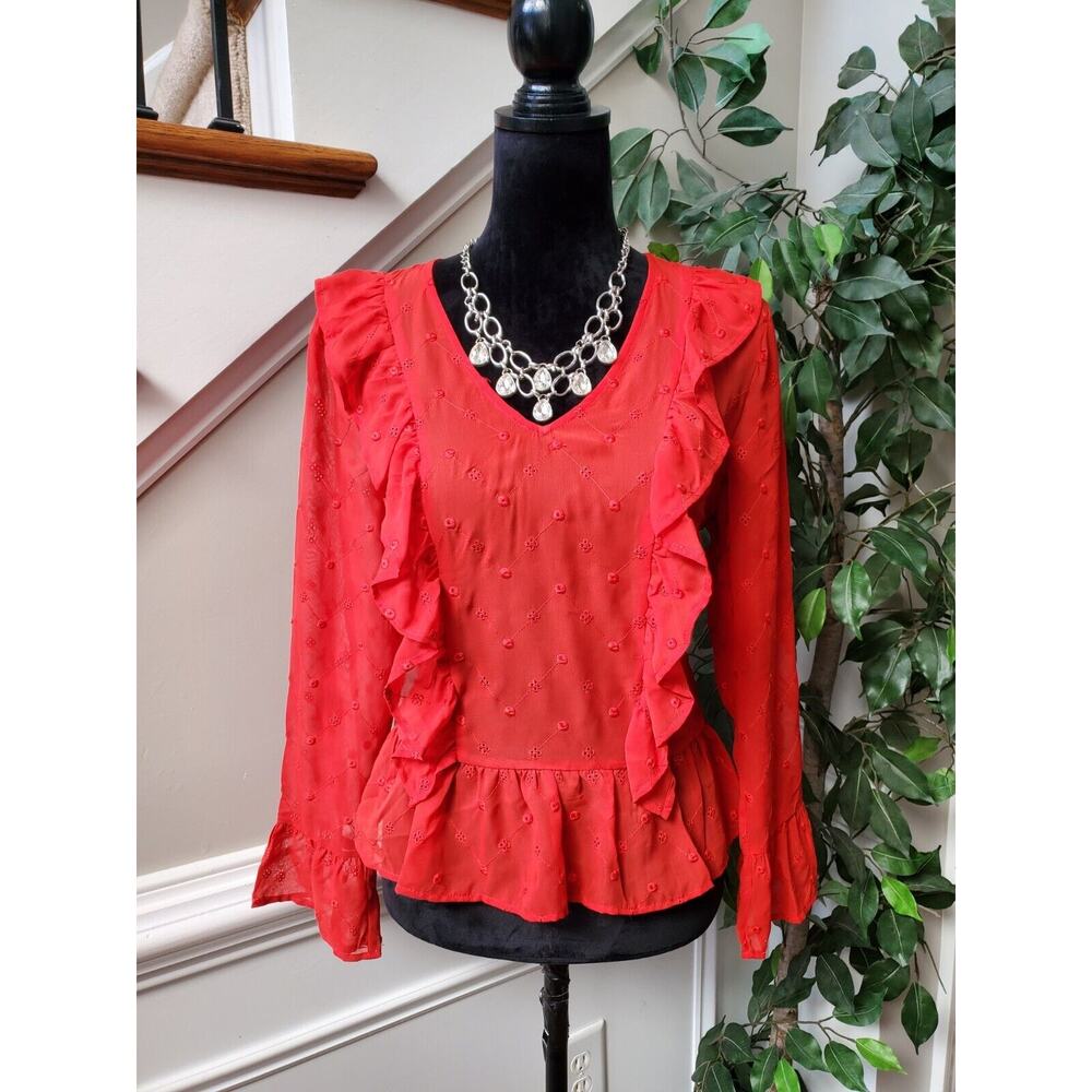 Soho New York & Company Women Red Polyester V-Neck Long Sleeve Top Blouse Small
